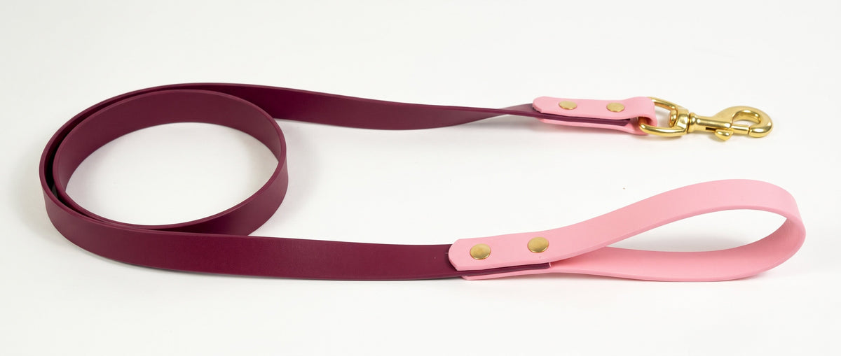 Guinzaglio bicolore: corpo bordeaux, manico rosa, moschettone in ottone