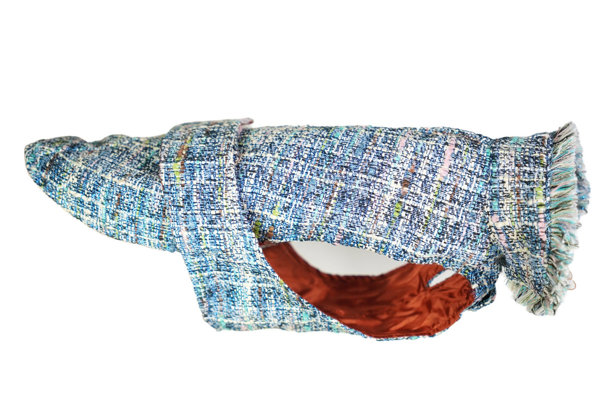 Cappottino in tweed azzurro con fodera ruggine