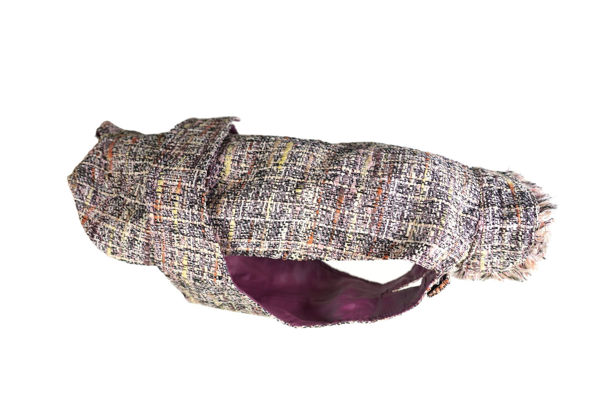 Cappottino in tweed rosa e lilla con fodera viola