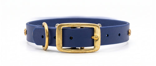 Collare blu navy in BioThane con fibbia e anello a D in ottone dorato
